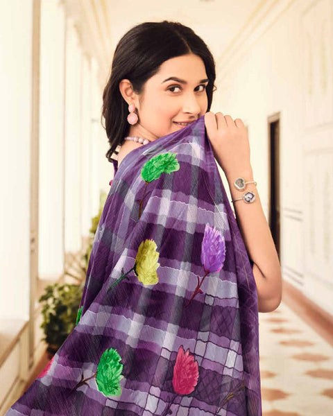 Bossanova Violet Printed Chiffon Saree With Weaved Fancy Border