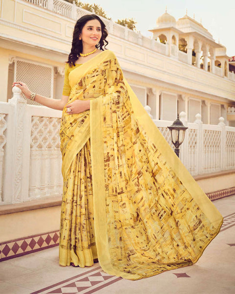 Light Mustard Printed Chiffon Saree With Weaved Fancy Border
