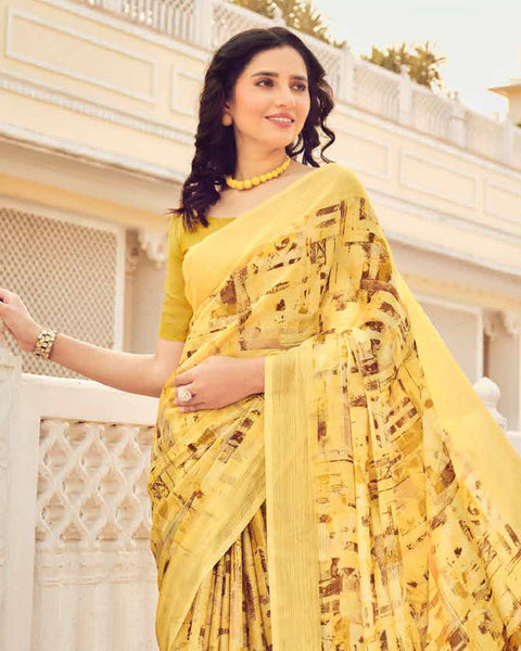 Light Mustard Printed Chiffon Saree With Weaved Fancy Border