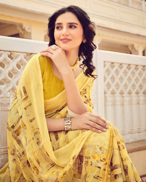 Light Mustard Printed Chiffon Saree With Weaved Fancy Border