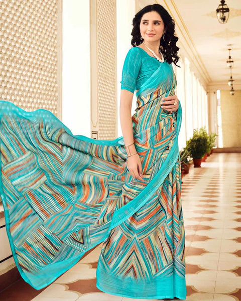 Dark Turquoise Blue Printed Chiffon Saree With Weaved Fancy Border