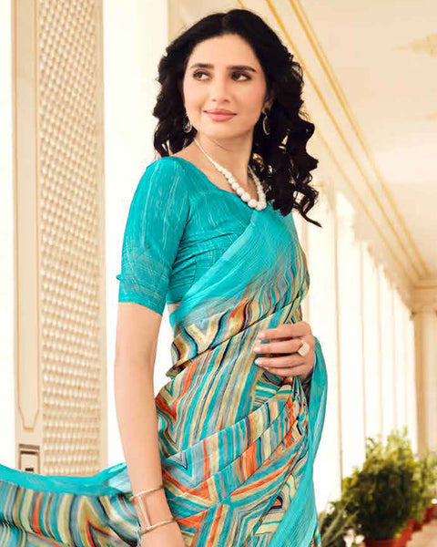 Dark Turquoise Blue Printed Chiffon Saree With Weaved Fancy Border