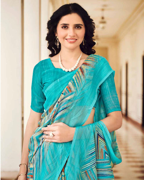 Dark Turquoise Blue Printed Chiffon Saree With Weaved Fancy Border