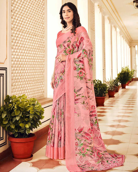 Peach Printed Chiffon Saree With Weaved Fancy Border
