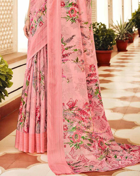 Peach Printed Chiffon Saree With Weaved Fancy Border