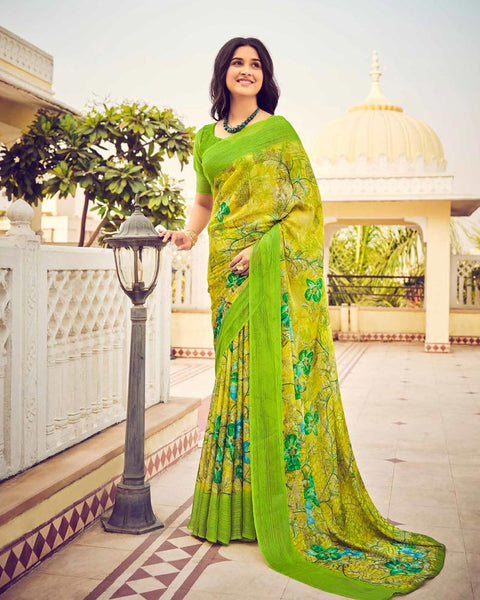 Pistachio Green Printed Chiffon Saree With Weaved Fancy Border