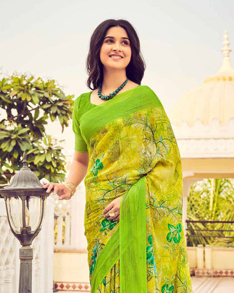 Pistachio Green Printed Chiffon Saree With Weaved Fancy Border
