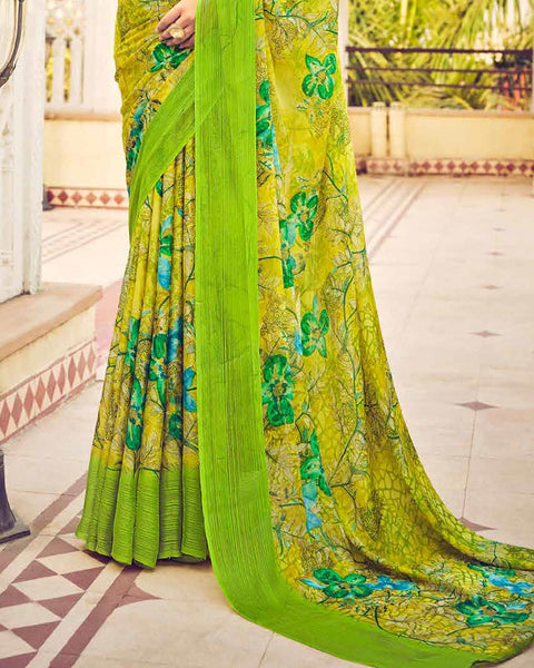 Pistachio Green Printed Chiffon Saree With Weaved Fancy Border