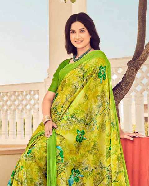 Pistachio Green Printed Chiffon Saree With Weaved Fancy Border