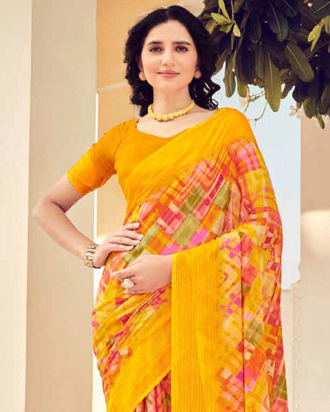 Yellowish Orange Printed Chiffon Saree With Weaved Fancy Border