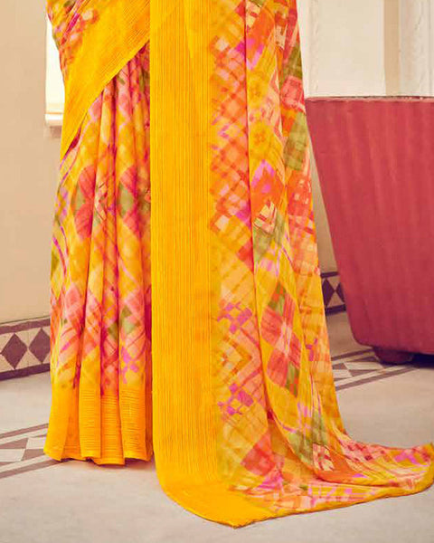 Yellowish Orange Printed Chiffon Saree With Weaved Fancy Border