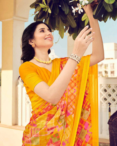 Yellowish Orange Printed Chiffon Saree With Weaved Fancy Border