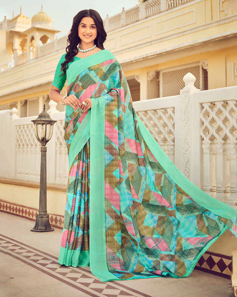 Sea Green Printed Chiffon Saree With Weaved Fancy Border