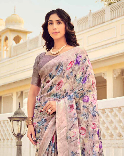Desert Sand Printed Chiffon Saree With Weaved Fancy Border