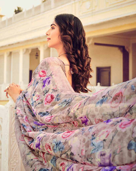 Desert Sand Printed Chiffon Saree With Weaved Fancy Border
