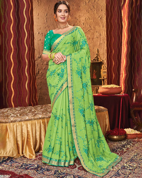 Parrot Green Chiffon Saree With Embroidery Work