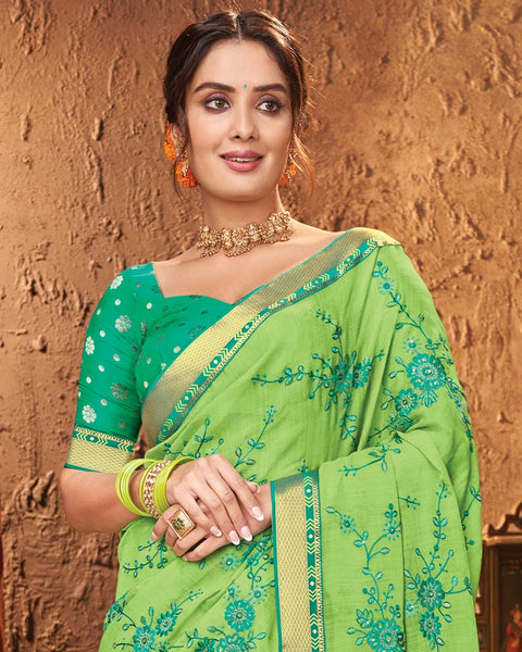 Parrot Green Chiffon Saree With Embroidery Work