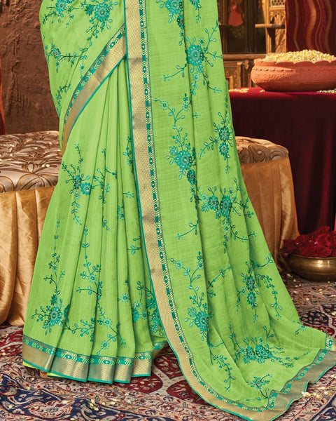Parrot Green Chiffon Saree With Embroidery Work