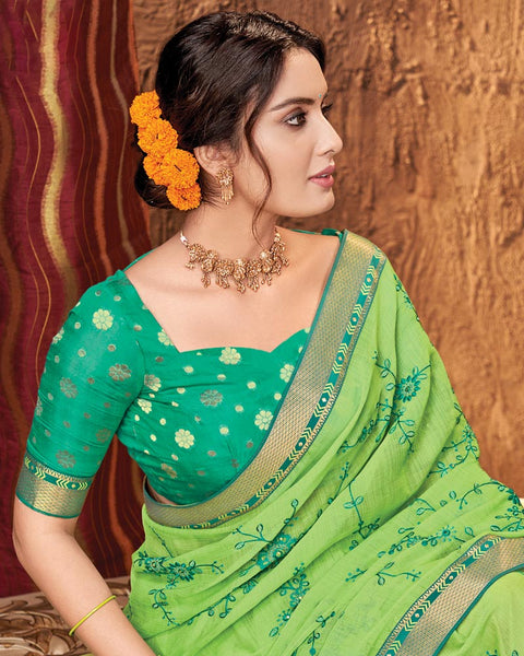Parrot Green Chiffon Saree With Embroidery Work