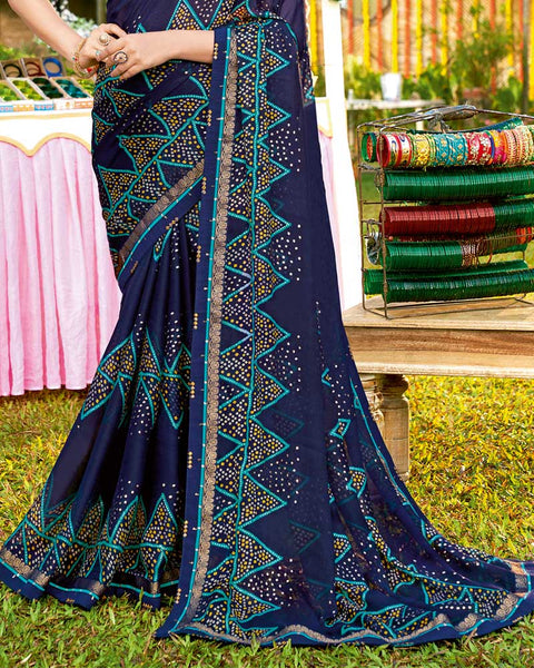 Navy Blue Bandhani Print Chiffon Saree With Foil Print