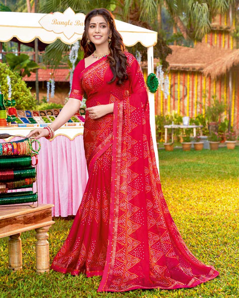Pinkish Red Bandhani Print Chiffon Saree With Foil Print