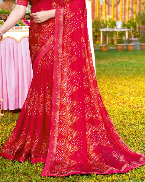 Pinkish Red Bandhani Print Chiffon Saree With Foil Print