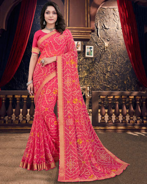 Amaranth Pink Bandhani Print Chiffon Saree With Zari Border