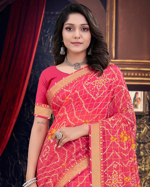 Amaranth Pink Bandhani Print Chiffon Saree With Zari Border