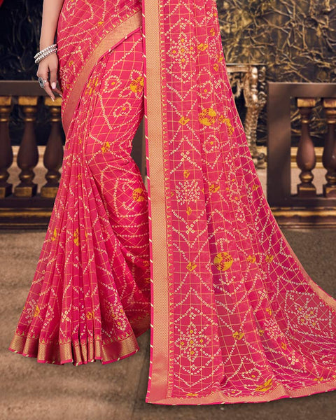 Amaranth Pink Bandhani Print Chiffon Saree With Zari Border