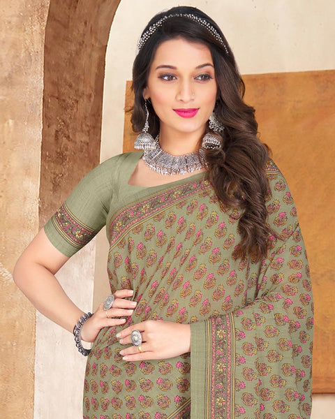Khakhi Green Digital Print Crepe Saree