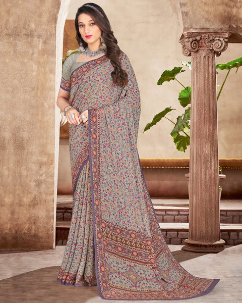 Light Grey Digital Print Crepe Saree