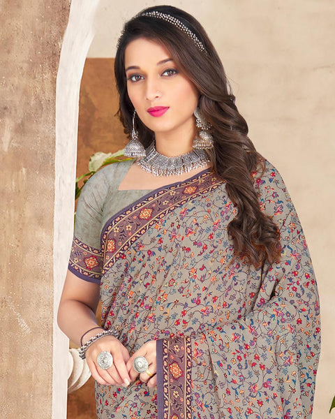 Light Grey Digital Print Crepe Saree