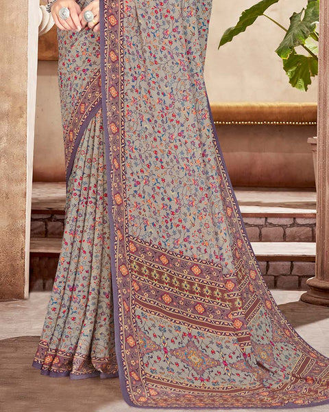 Light Grey Digital Print Crepe Saree