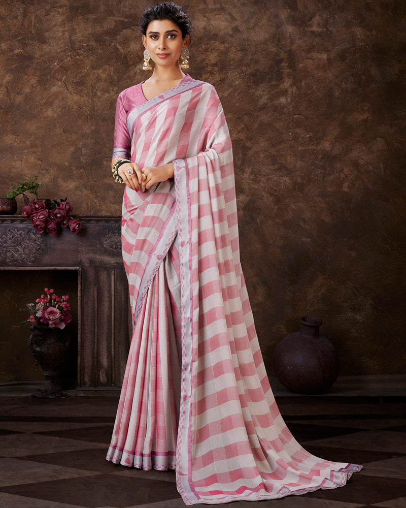 Tulip Pink Checks Patterned Fancy Chiffon Saree With Digital Print Satin Border