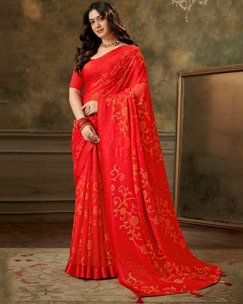 Alizarin Crimson Designer Brasso Saree With Weaved Satin Patta And Diamond Work