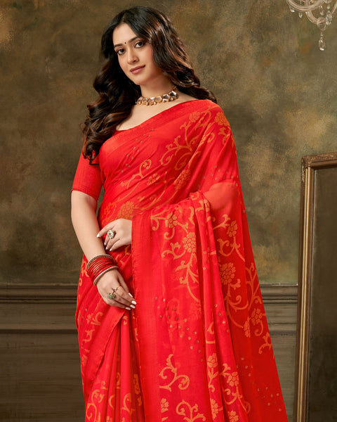 Alizarin Crimson Designer Brasso Saree With Weaved Satin Patta And Diamond Work