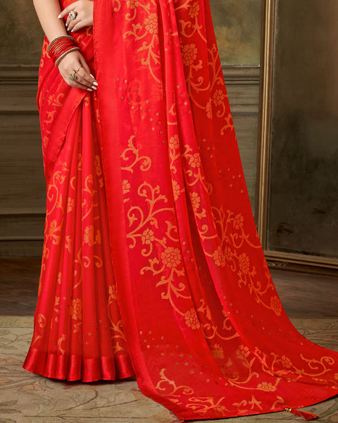 Alizarin Crimson Designer Brasso Saree With Weaved Satin Patta And Diamond Work
