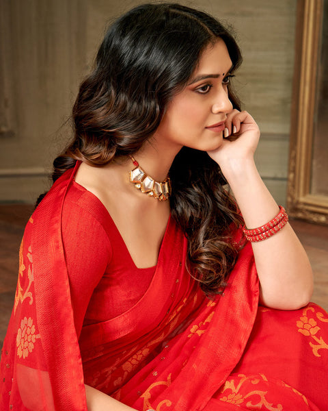 Alizarin Crimson Designer Brasso Saree With Weaved Satin Patta And Diamond Work