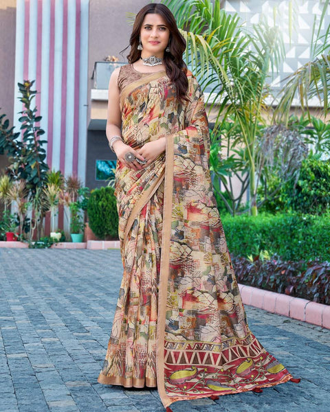 Cream Printed Chanderi Cotton Saree With Weaving Border
