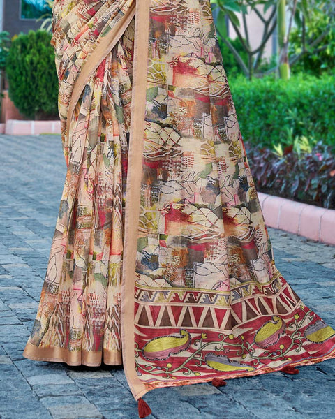 Cream Printed Chanderi Cotton Saree With Weaving Border