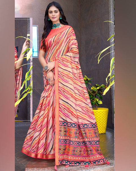 Peach Yellow Printed Chanderi Cotton Saree With Weaving Border