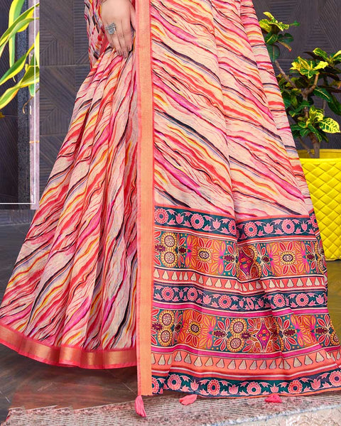 Peach Yellow Printed Chanderi Cotton Saree With Weaving Border
