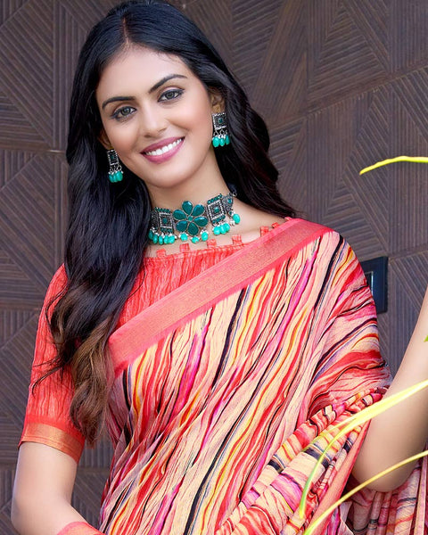 Peach Yellow Printed Chanderi Cotton Saree With Weaving Border
