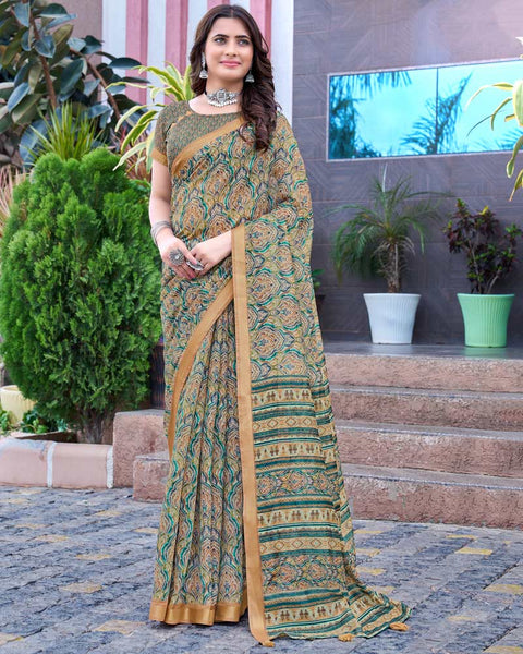 Tan Brown Printed Chanderi Cotton Saree With Weaving Border