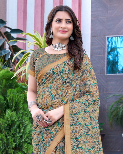 Tan Brown Printed Chanderi Cotton Saree With Weaving Border