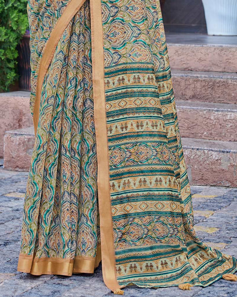 Tan Brown Printed Chanderi Cotton Saree With Weaving Border