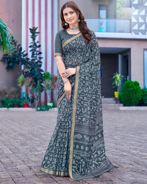 Oxford Blue Printed Chanderi Cotton Saree With Weaving Border