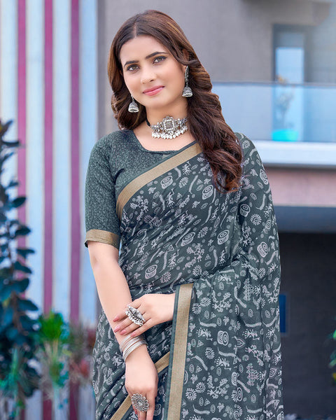 Oxford Blue Printed Chanderi Cotton Saree With Weaving Border