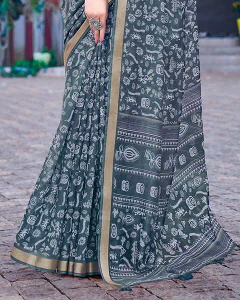 Oxford Blue Printed Chanderi Cotton Saree With Weaving Border