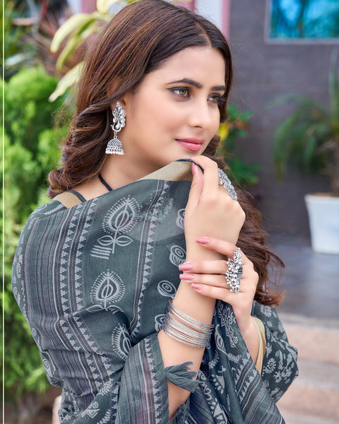 Oxford Blue Printed Chanderi Cotton Saree With Weaving Border